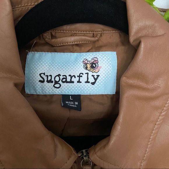 “SugarFly”  Brown Faux Leather Bomber Jacket - Picture 3 of 7